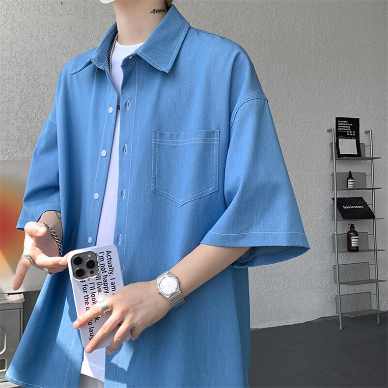 8XL-M冰丝牛仔短袖衬衫男款夏季薄款宽松慵懒衬衣外套DC28006P60,男装T恤,电商B312
