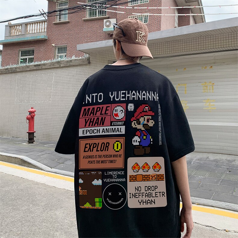 超级玛丽美式复古短袖t恤男高街潮牌潮流320g重磅oversize夏7分袖,男装T恤,电商019-1