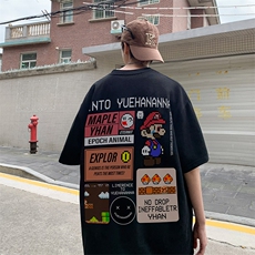 超级玛丽美式复古短袖t恤男高街潮牌潮流320g重磅oversize夏7分袖，男装T恤，电商019-1