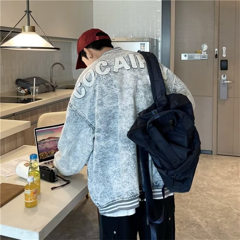 美式复古牛仔外套男秋季潮牌刺绣印花宽松潮流高街棒球服教练夹克,男装工装外套,星座1210-1