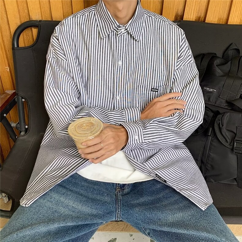 长袖条纹衬衫男韩版ins宽松帅气百搭学院风休闲衬衣外套CS224-p30,男装衬衫,星座1008