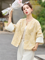 新中式国风刺绣短款外套女2025夏季新款小个子洋气减龄气质上衣女，女装短外套，美沁