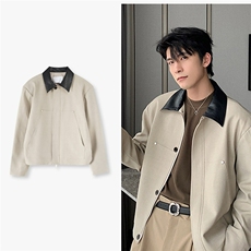 港风秋款男单排扣夹克衫PU皮领休闲外套JK688P75，男装夹克，星座1013-1