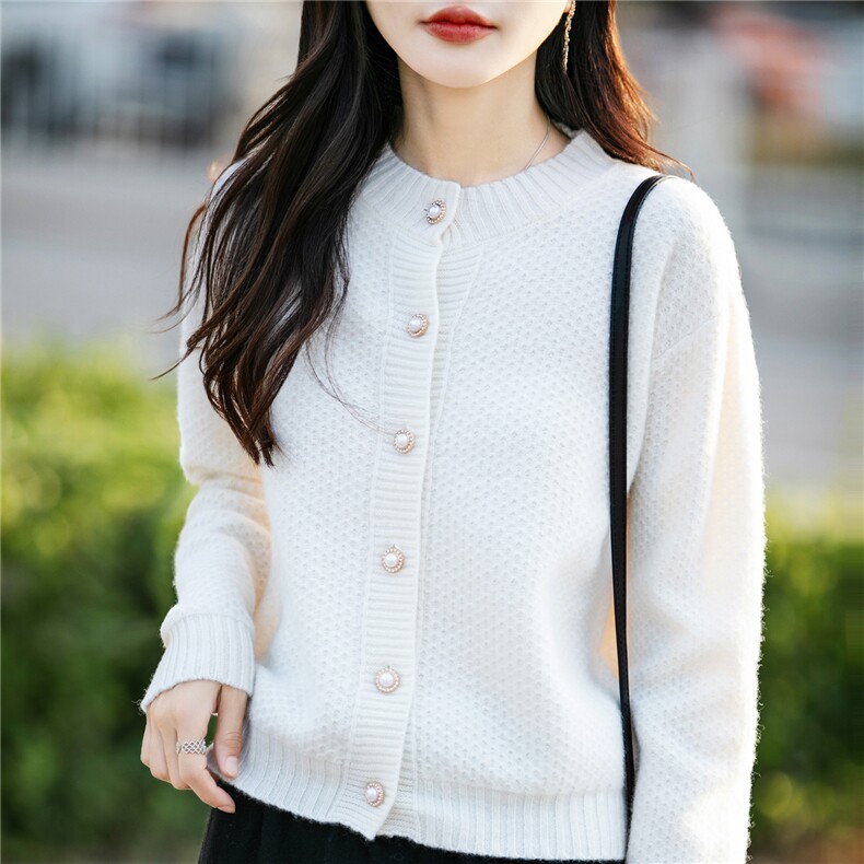 100%纯羊毛开衫女圆领加厚珍珠扣提花针织毛衣宽松羊绒衫气质外套，女装羊毛衫，蒙特羊绒