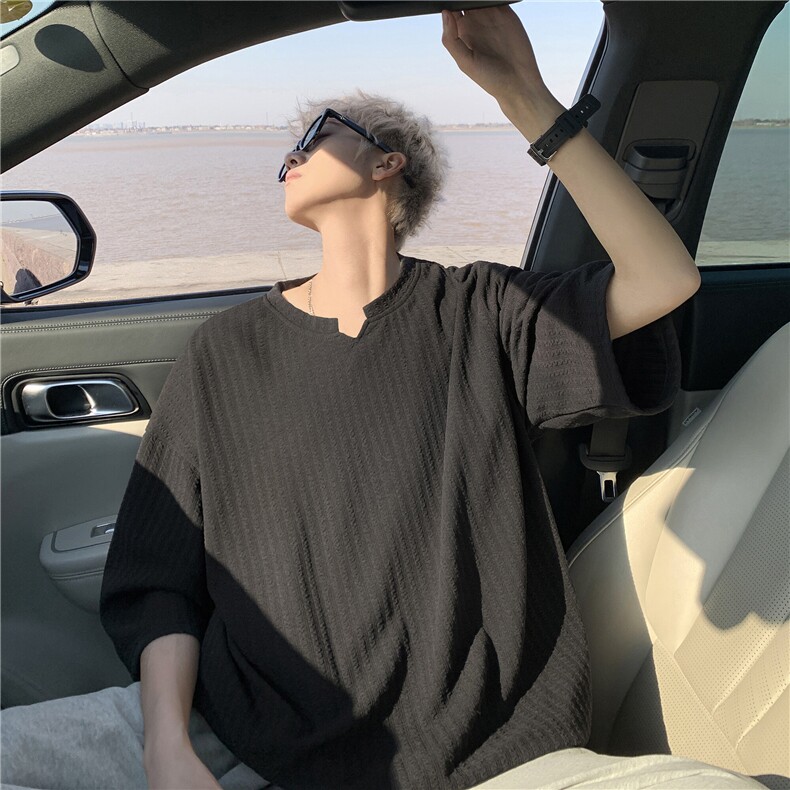 高品质肌理感条纹鸡心领V领得物抖音二开2短袖T恤男LT2501特价P16图片