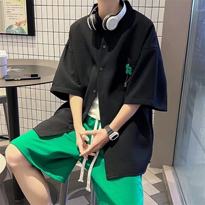 港风ins个性格短袖衬衫男垂感小众五分裤套装工装衬衣TZ0562-P58图片