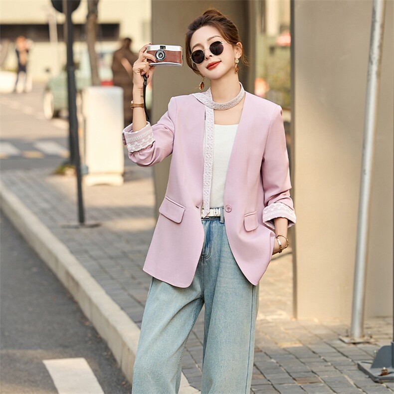 欧货精品轻奢女2025春季v领蕾丝边拼接带飘带休闲西服外套小西装,女装套装/套裙,采品优优