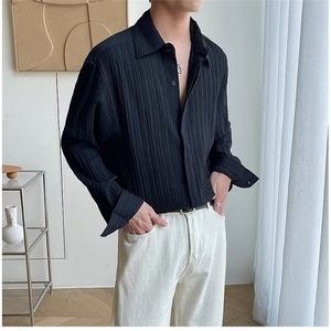 韩版宽松褶皱感长袖衬衫男士秋季潮流高级感痞帅休闲免烫衬衣 C25图片