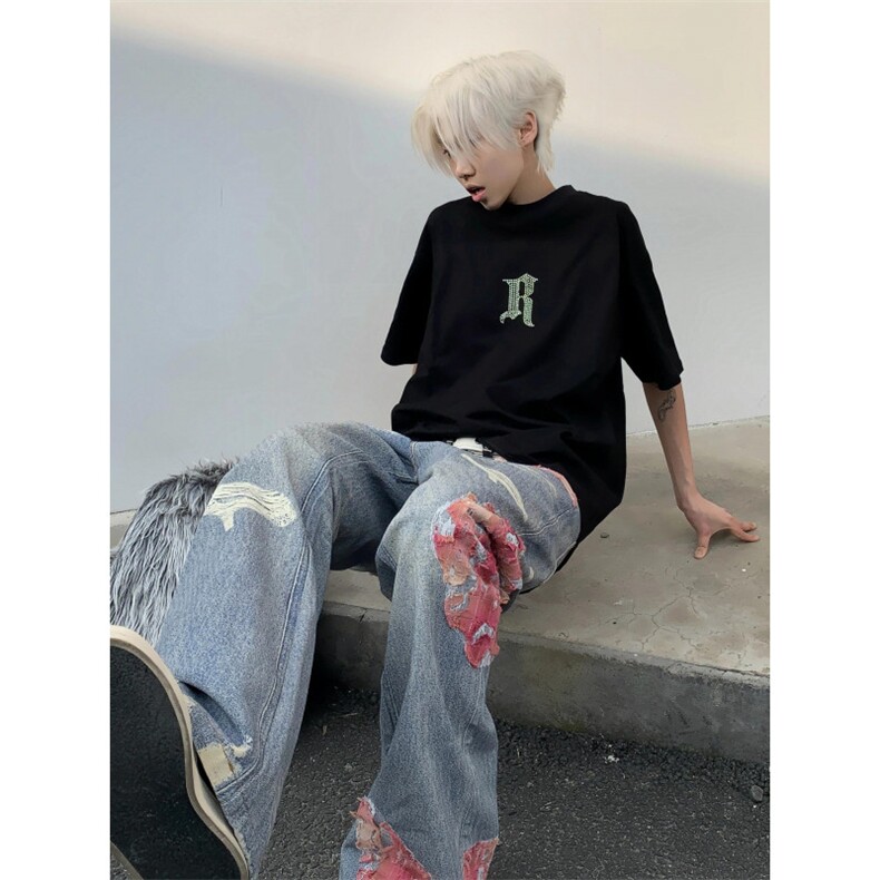 【网图】蕾丝拼接微喇牛仔裤直筒美式高街hiphop裤子NZK14LL-P65,男装牛仔裤,星座1007（原301D）
