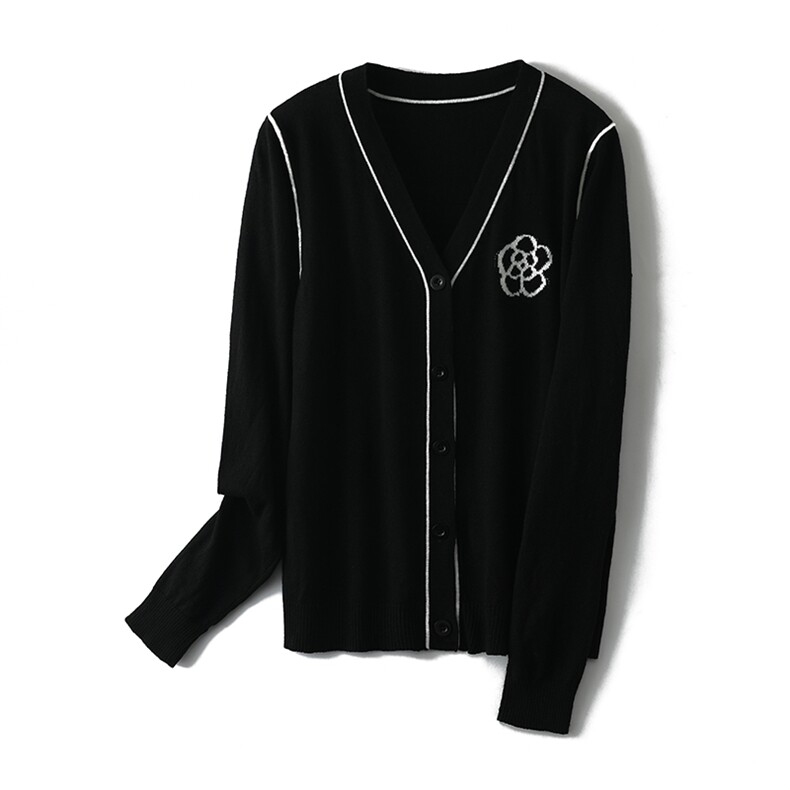 秋冬新款显瘦百搭气质时尚潮流山茶花刺绣开衫女，女装针织衫/毛衣，奥千羊绒