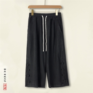 2025夏主推风亚麻个性盘扣垂感开衩七分裤宽松直筒裤DK66P55图片