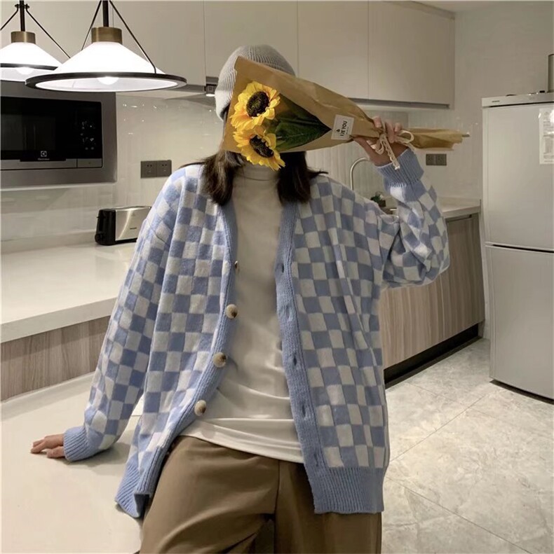 棋盘格毛衣外套春秋慵懒风V领格子针织X003P45,男装针织衫/毛衣,星座1116-2