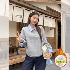 重磅加绒硬挺boxy男女美式高街假两件衬衫领长袖卫衣POLO领打底衫，男装T恤，电商A486