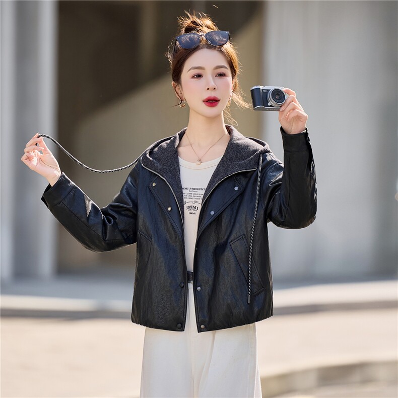 【春季女装新款】2026春季大量现货时尚休闲连帽假两件皮衣外套,女装皮衣,缘衣格