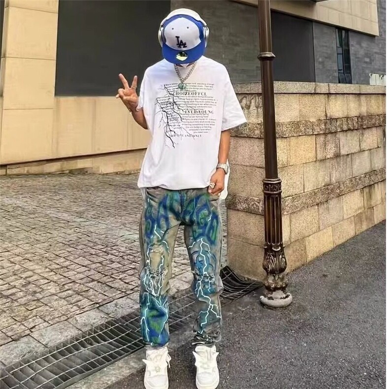 2025外贸风格朋克潮流复古蓝破洞修身弹力印花印染小脚男式牛仔裤,男装休闲裤,星座506A
