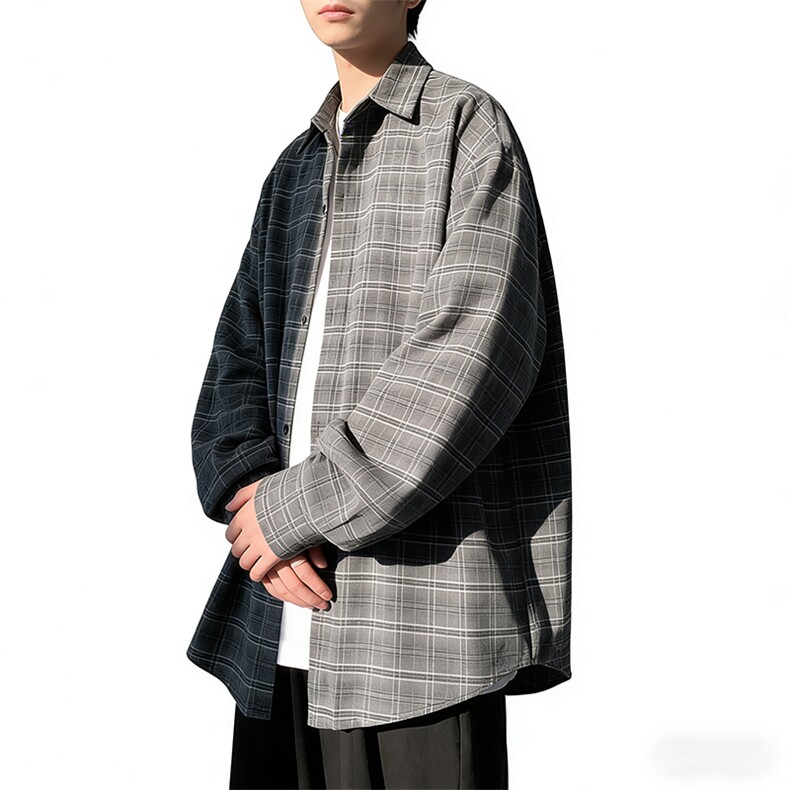 宽松格子长袖衬衫男A147-P45，男装衬衫，电商D312