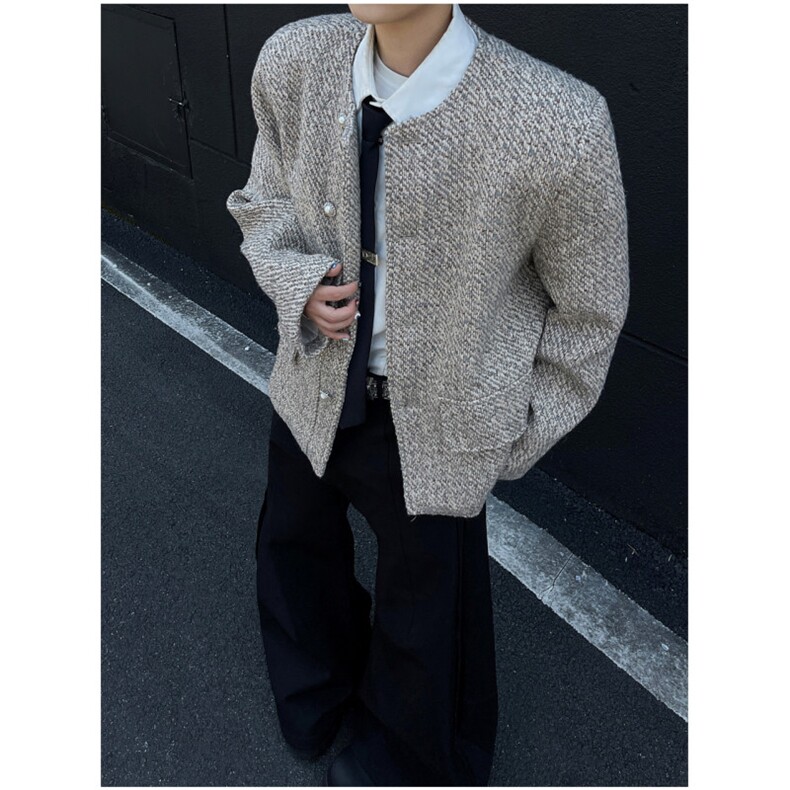 男模穿搭无领垫肩西装外套男春秋英伦短款高级感小香风西服夹克潮图片