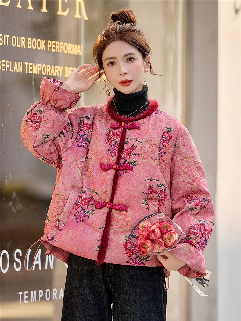 《欧货bao款现货》新中式100仁丝高档提花面料90羽绒服真水貂毛,女装羽绒服,众宇琦
