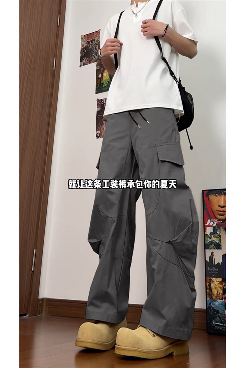 随性百搭港风潮流裤子慵懒风复古裁剪拼接弯刀长裤K748TP48控79,男装休闲裤,电商A102B