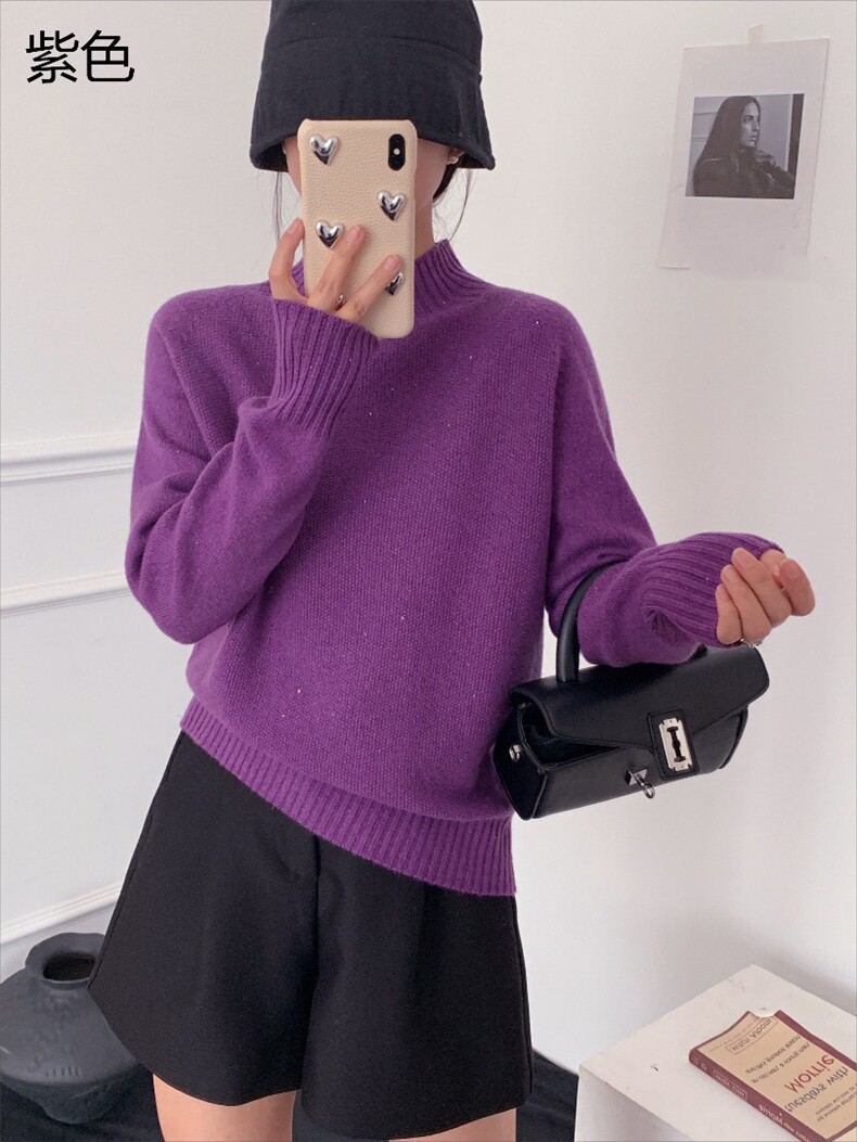 女士秋冬纯色简约秋冬针织衫半高领套头长袖,女装羊毛衫,牧思羊