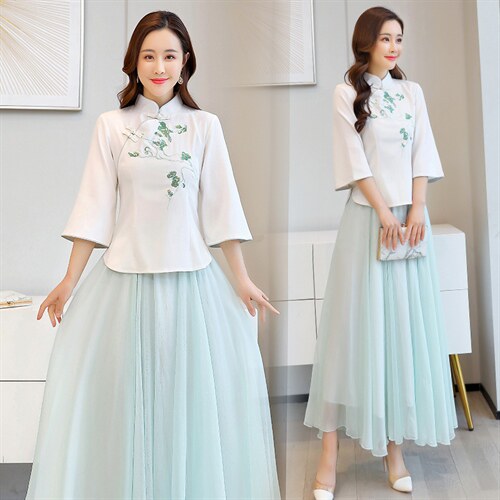 新中式女士汉服民国女学生旗袍上衣雪纺半身裙茶艺服旗袍