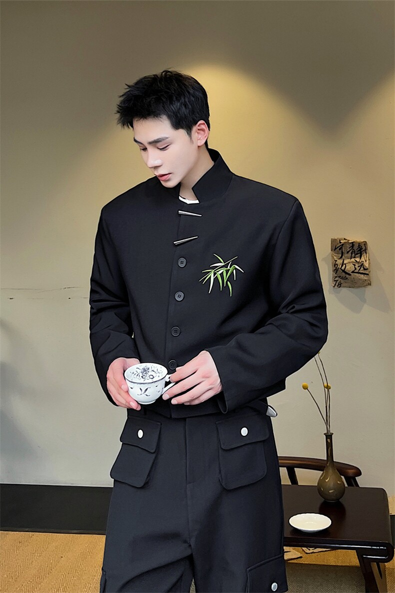 新中式翠竹绣花西装外套男设计感金属扣上衣男P135,男装西服,星座1009（原B233）