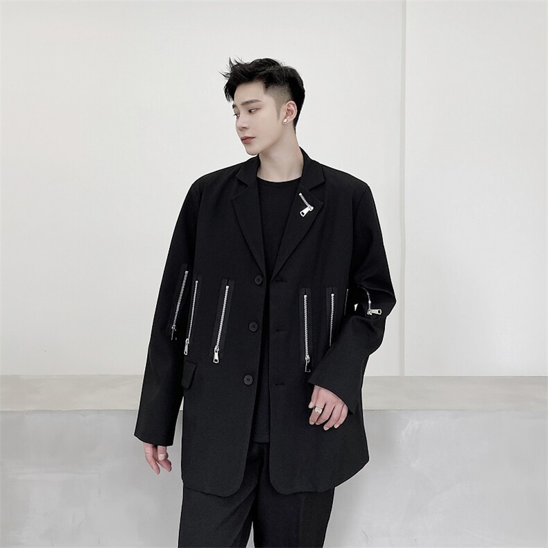 男西服外套走秀款多拉链拼接西装上衣潮A345-170-P135图片