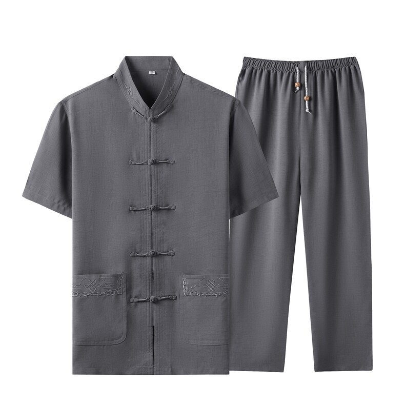 中老年棉麻套装高档唐装太极服中式刺绣立领短袖风时尚男夏装,男装中老年男装,钱塘723