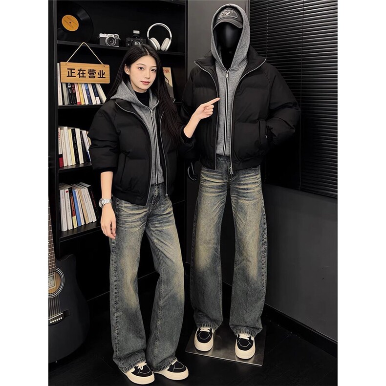 美式复古PU皮假两件连帽棉服男款冬季2026新款加厚保暖外套面包服,男装棉衣,星座506A