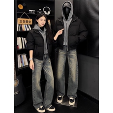 美式复古PU皮假两件连帽棉服男款冬季2026新款加厚保暖外套面包服，男装棉衣，星座506A
