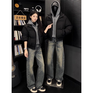 美式复古PU皮假两件连帽棉服男款冬季2026新款加厚保暖外套面包服图片