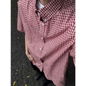 网图有货美式休闲格纹短袖衬衫男宽松百搭棉感格子衬衣A689-P35