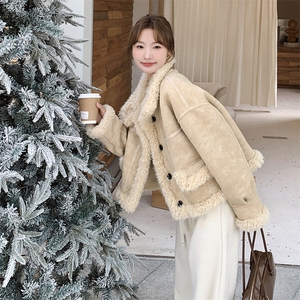 皮毛一体羊羔毛保暖外套女2024冬季新款宽松加厚立领高级感机车服图片