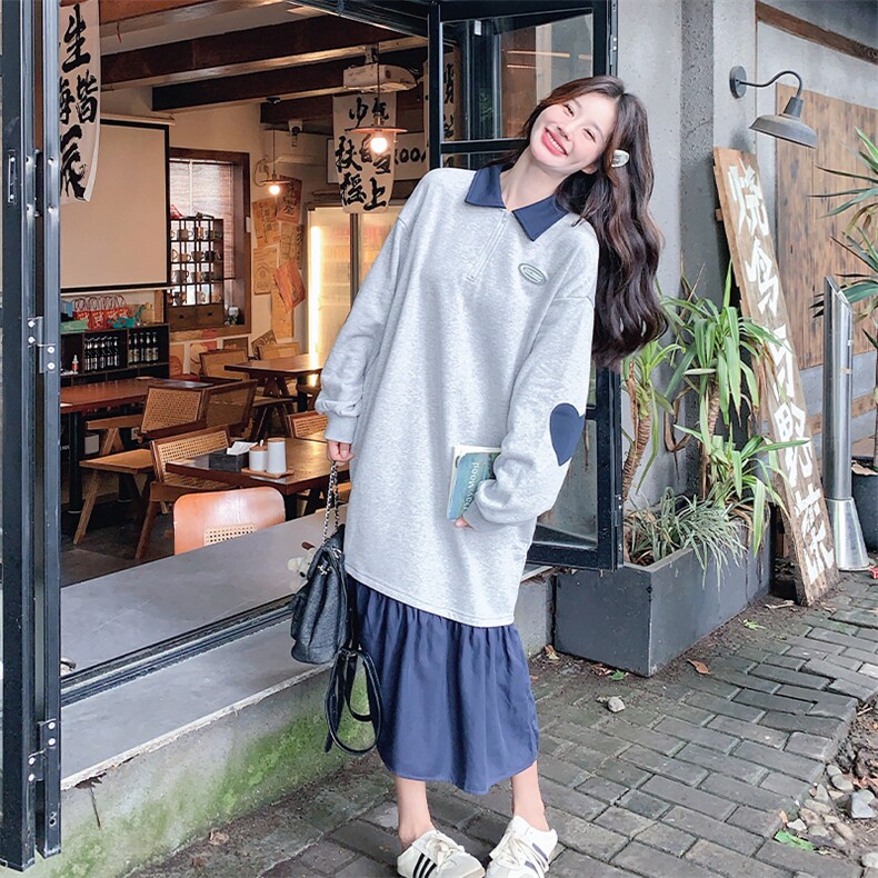 【现货】2026秋装撞色拼接灰色连衣裙2C056-6807-P120控178,女装连衣裙,2C056