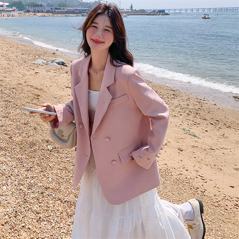 小个子提花粉色西服女2024春秋新款休闲宽松小众设计感小西装外套,女装西装,流量+