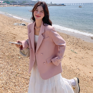 小个子提花粉色西服女2024春秋新款休闲宽松小众设计感小西装外套图片
