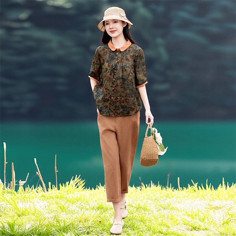 2026年夏季女短袖宽松文艺风苎麻,女装衬衫,江南依恋