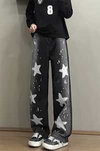 B221 美式ins高街暗黑五角星宽松直筒牛仔裤LK25583-特P45控78图片