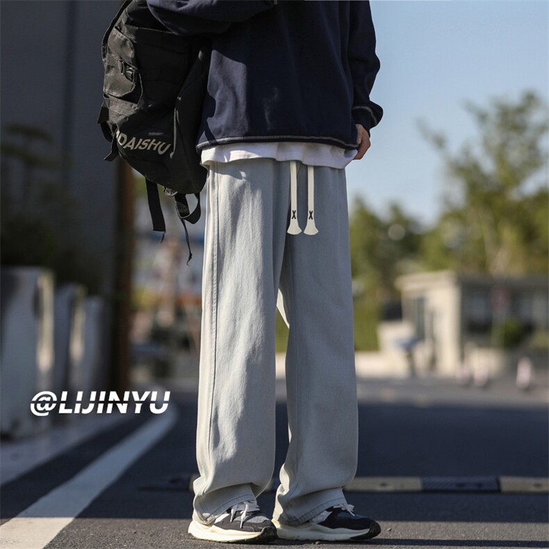 美式复古抽绳牛仔裤男2024新款直筒高街阔腿裤子K282-特批-37，男装牛仔裤，星座718-1