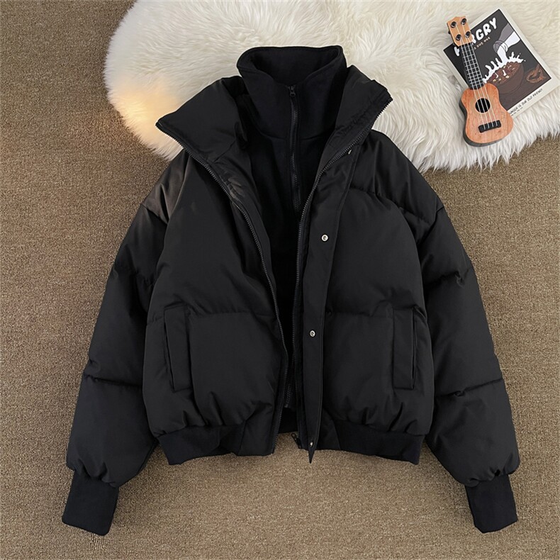 F100-P115 假两件立领短款棉服外套男冬季加厚面包服保暖黑色棉衣图片