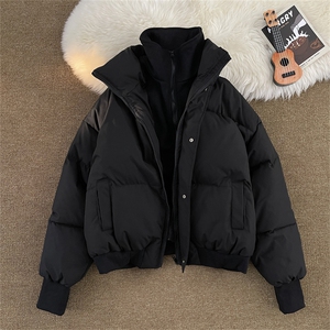 F100-P115 假两件立领短款棉服外套男冬季加厚面包服保暖黑色棉衣图片