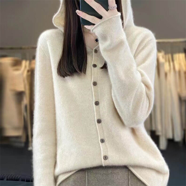 一线成衣100%纯羊毛针织连帽开衫女士长袖毛衣外套宽松羊绒衫上衣,针织衫/毛衣,萱芳婷羊绒