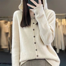 一线成衣100%纯羊毛针织连帽开衫女士长袖毛衣外套宽松羊绒衫上衣，女装针织衫/毛衣，萱芳婷羊绒