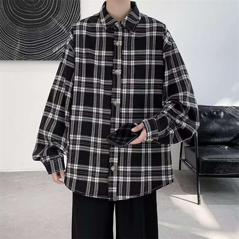 春季2023男格子衬衫潮流百搭港风宽松长袖外套CS069-P30,男装衬衫,星座308B-1