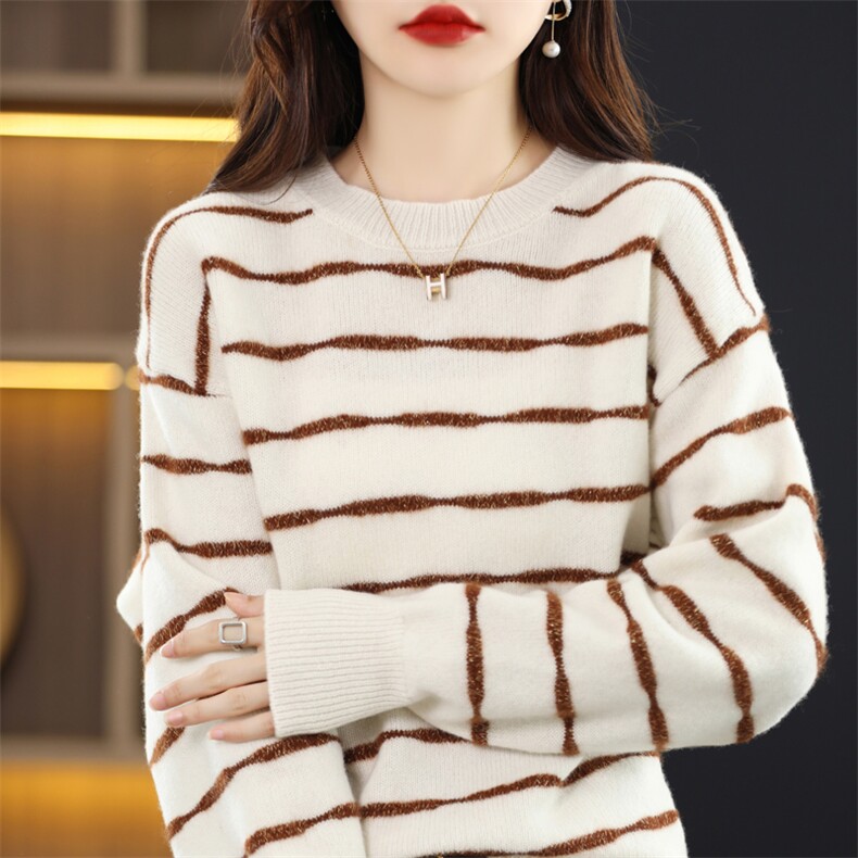 2024秋冬季新款圆领条纹套头女宽松显瘦羊毛衫，女装羊毛衫，迅太羊绒