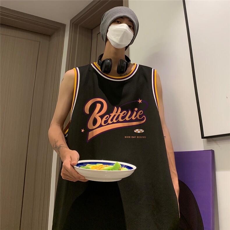 港风纯棉夏季休闲拼色螺纹印花网眼篮球背心男女T6927P35控48,男装背心/马甲,电商A268A