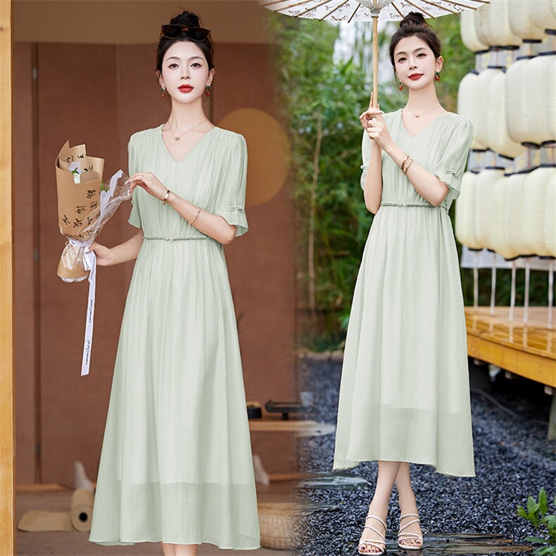 现货主推2024天丝棉连衣裙女高级感仙气精致收腰显瘦连衣裙，女装连衣裙，然然