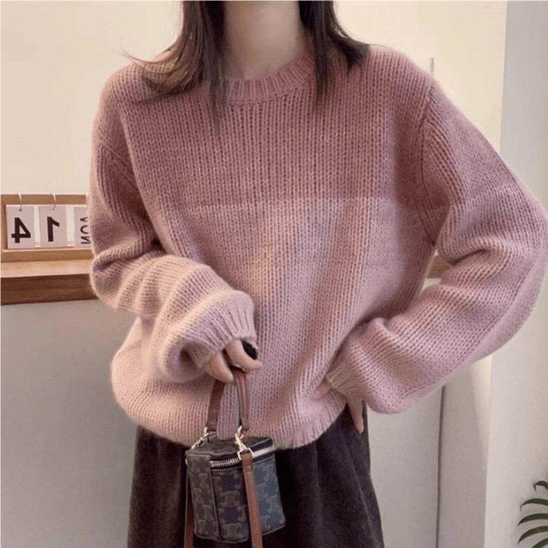 圆领渐变拼色精纺羊毛衫长袖针织毛衣女韩版宽松慵懒打底百搭上衣，女装针织衫/毛衣，圣旺供货