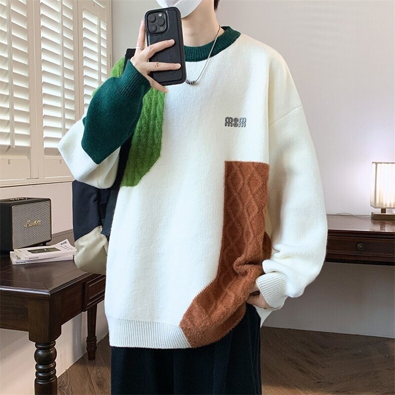 84563-特P60毛衣男秋冬款圆领软糯毛线衣服保暖拼色青少年针织衫,男装针织衫/毛衣,电商D310B