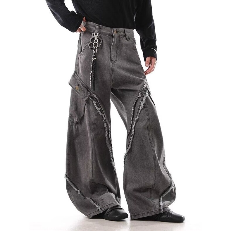 C630-P62潮牌春季直筒牛仔裤男ins美式水洗做旧拼接宽松青年，男装牛仔裤，电商B323A